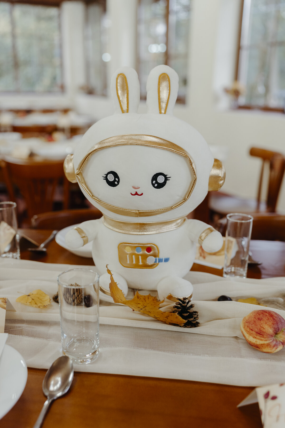 Plyšový zajíček-kosmonaut sedící na stole mezi podzimním listím a šiškami